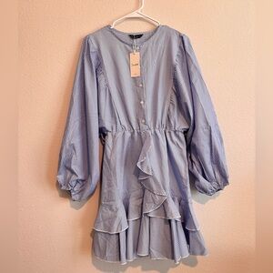 Simplee Gingham Blue Ruffle Mini Dress with Puff Sleeves - Size L